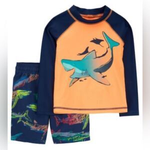Carter's Orange and Navy Long Sleeve Shark Rashguard and swim trunks set